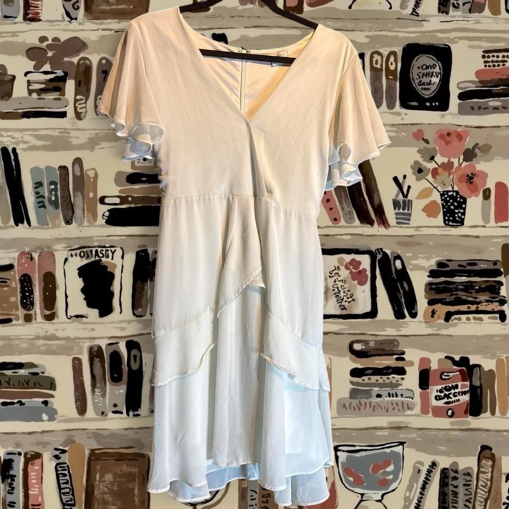 Love Tree Womens White Ruffle Tiered Flowy Dress Flutter Sleeve V-Neck Large